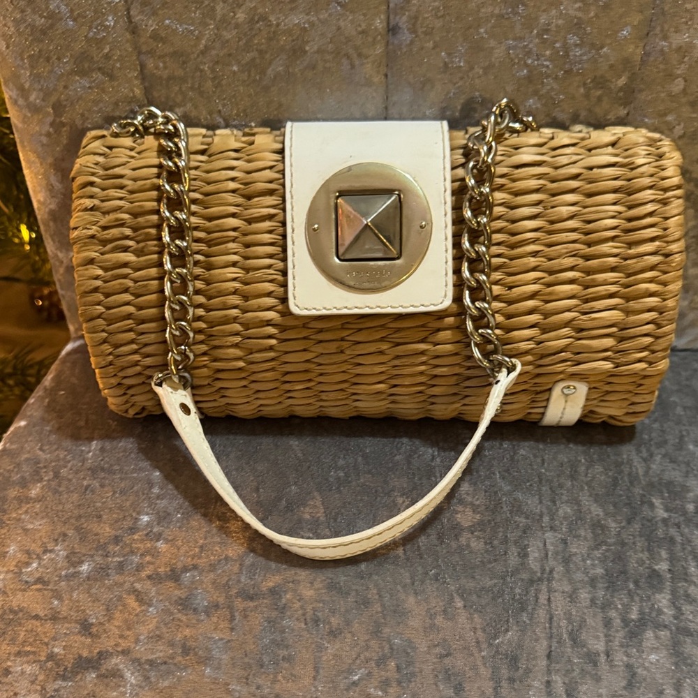 Kate Spade Vintage Woven Clutch with Gold Chain/White Leather Trim